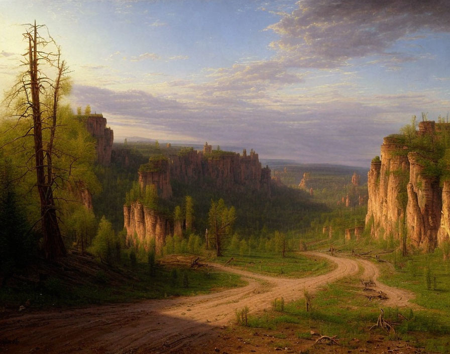 Tranquil landscape with winding dirt road and towering cliffs