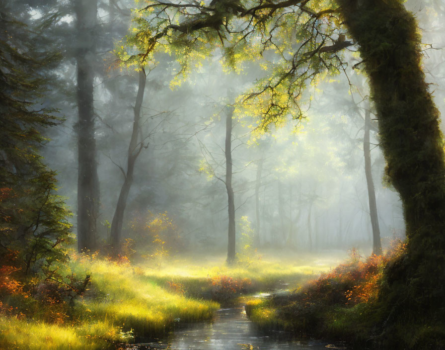 Sunlit foggy forest with autumn hues and water path