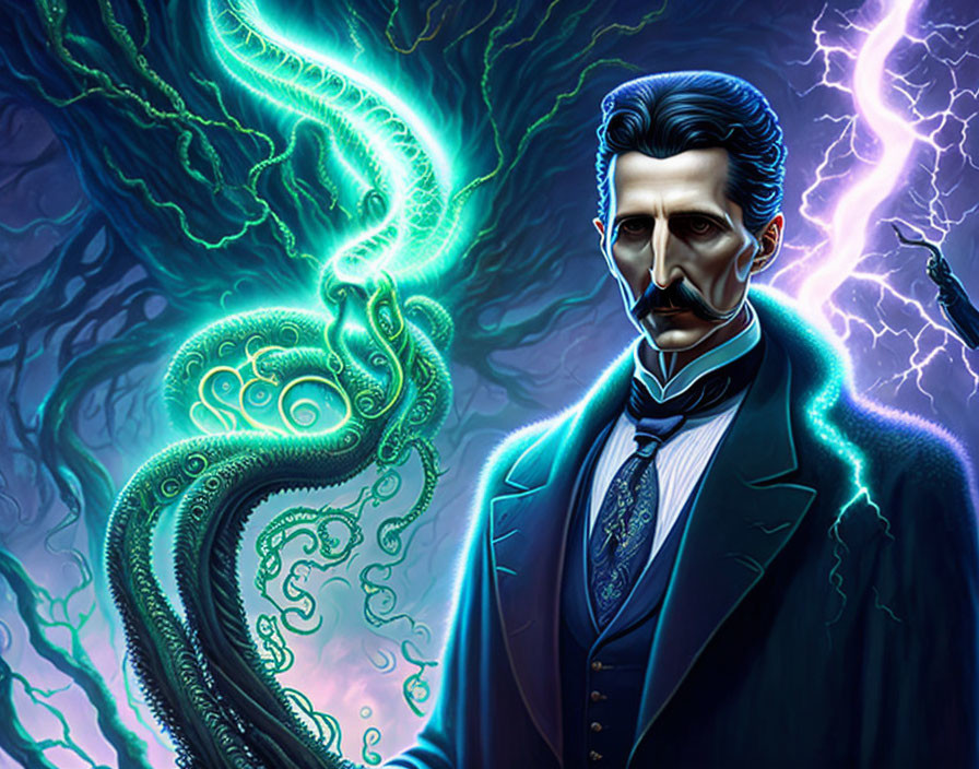 Illustration of man with tentacled creature in cosmic horror setting