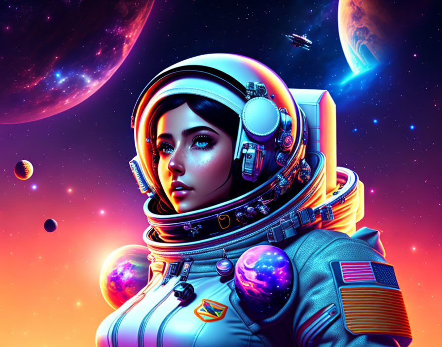 Female astronaut in vibrant cosmic scene