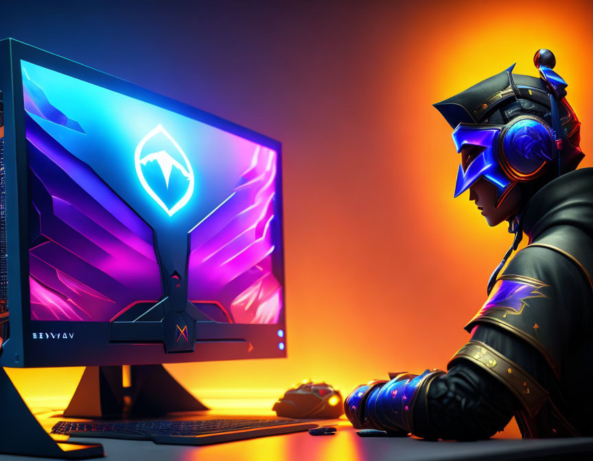 Futuristic knight in headset gazes at glowing gaming monitor