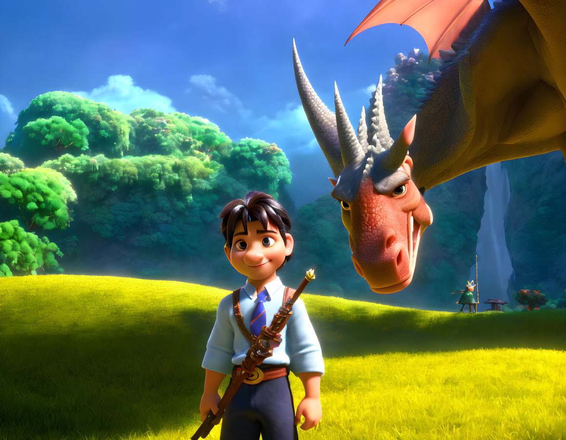 Smiling animated boy with staff and red dragon in green field