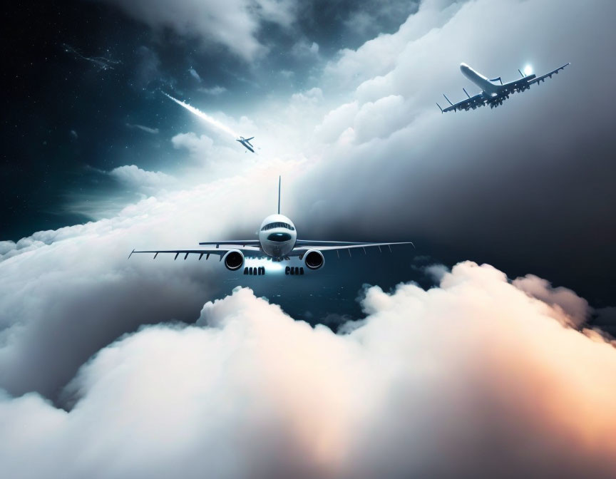 Airplanes at various altitudes against dramatic sky backdrop