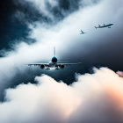 Airplanes at various altitudes against dramatic sky backdrop