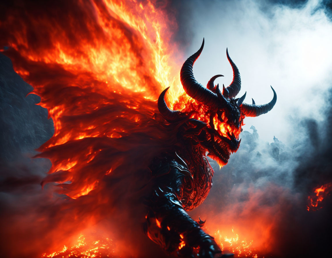 Fiery dragon with large horns in flames against dark background