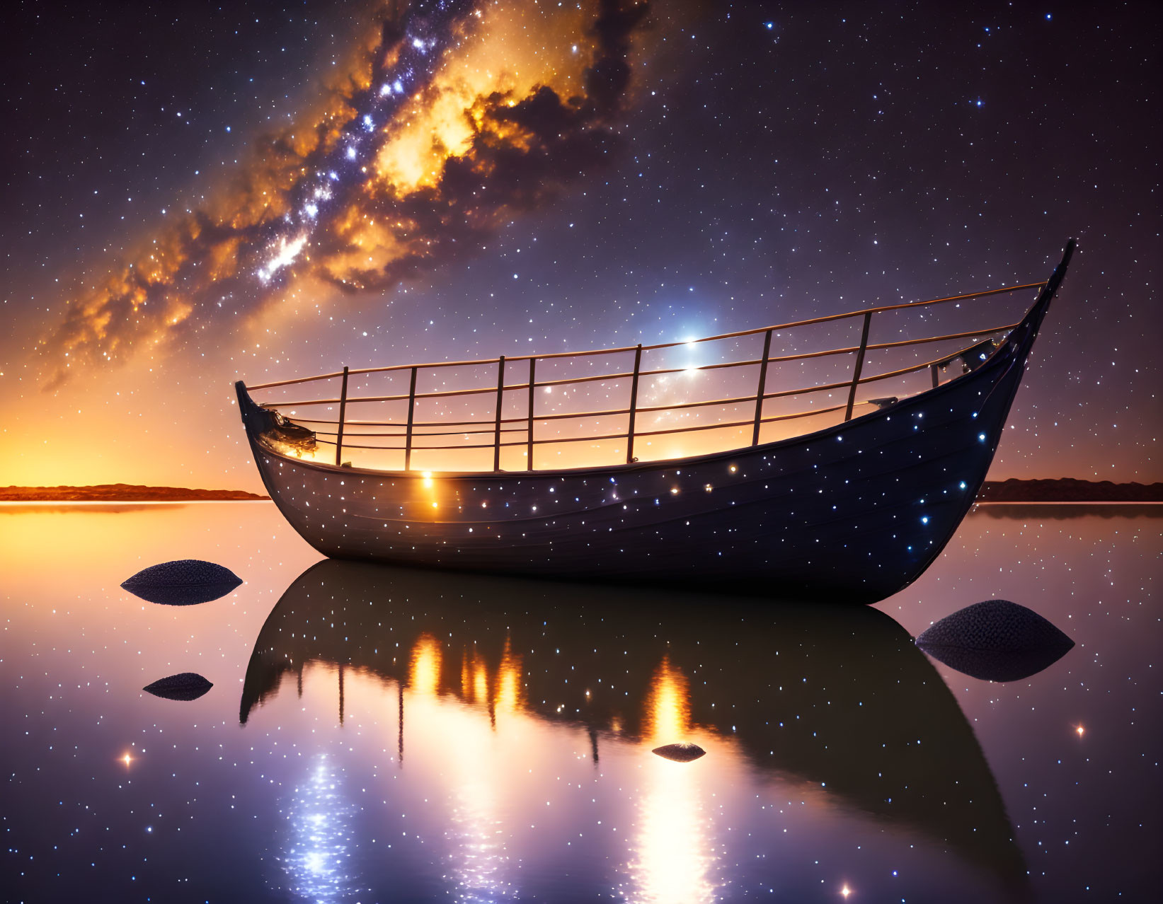 Starry Night Sky over Lake with Glowing Boat