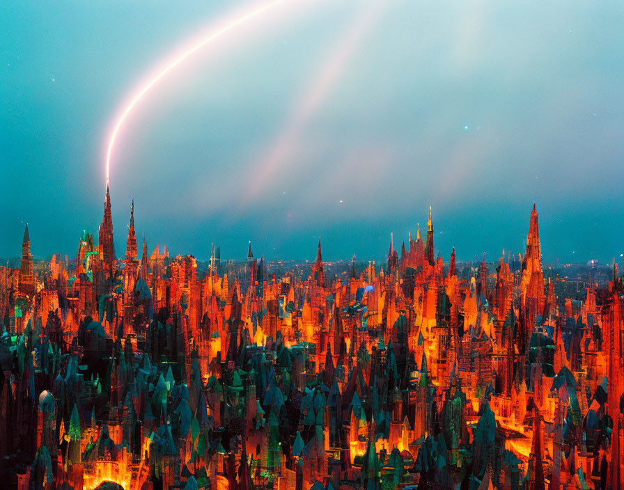 Futuristic cityscape with towering spires and neon lights