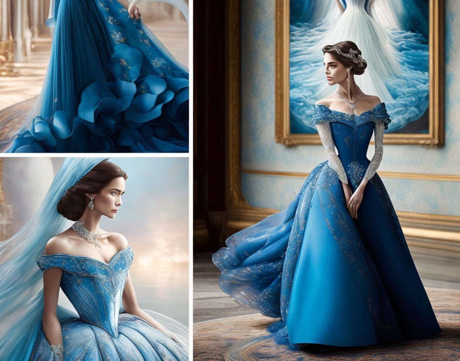 Elegant woman in blue ball gown with floral appliqués in luxurious room