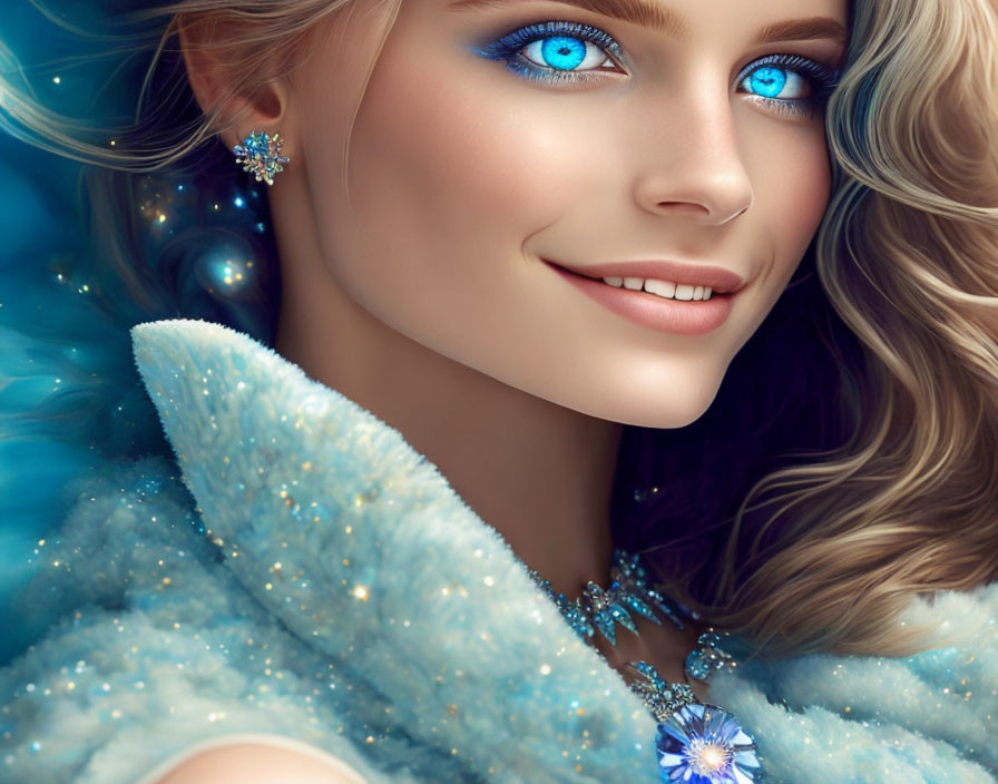 Digital artwork: Woman with bright blue eyes, radiant skin, flowing blonde hair, sparkling jewelry, and