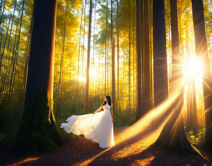 Person in flowing white dress in sunlit forest with piercing rays.