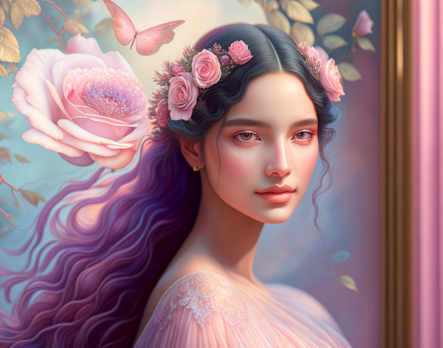 Portrait of Woman with Purple Hair, Pink Roses, Butterflies, and Pastel Flower