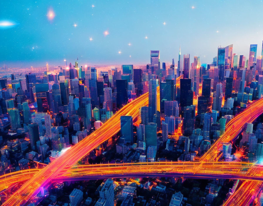 Twilight cityscape with illuminated skyscrapers & traffic streaks