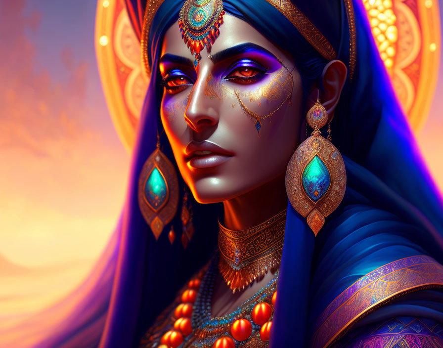 Blue-skinned woman with ornate golden jewelry in vibrant illustration