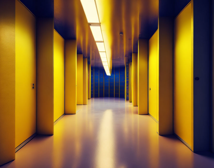 Bright Yellow Corridor with Glowing Ceiling Lights