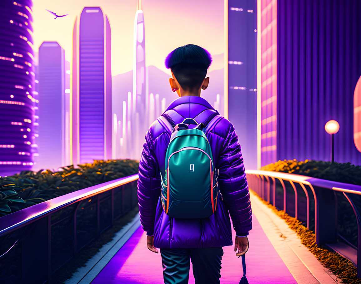 Child with backpack gazes at futuristic cityscape at sunset