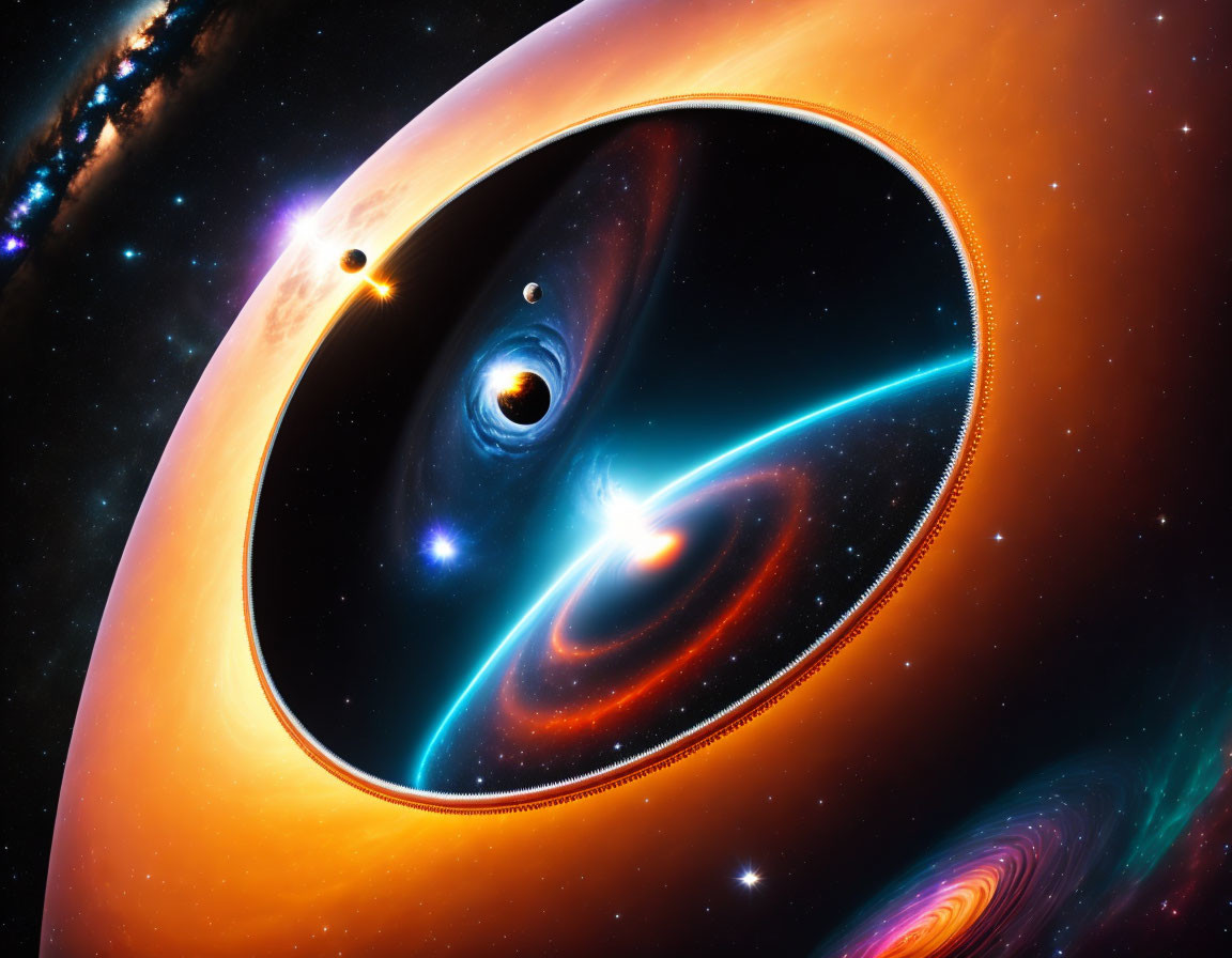 Illustration: Black hole with accretion disk and celestial bodies showcasing space dynamics