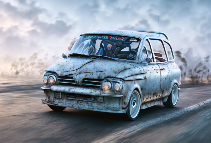 Vintage Modified Car Speeding on Deserted Road with Motion Blur and Dramatic Sky