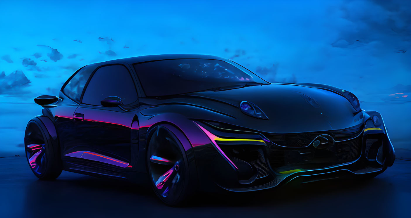 Sleek sports car with neon underglow on dark blue background