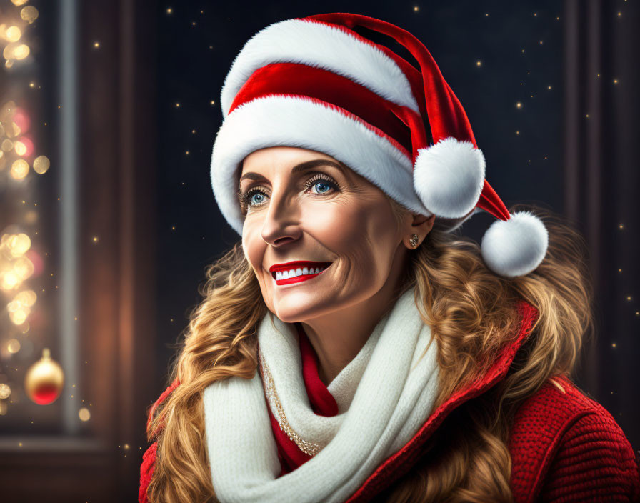 Blonde woman in Santa hat and red sweater with festive background