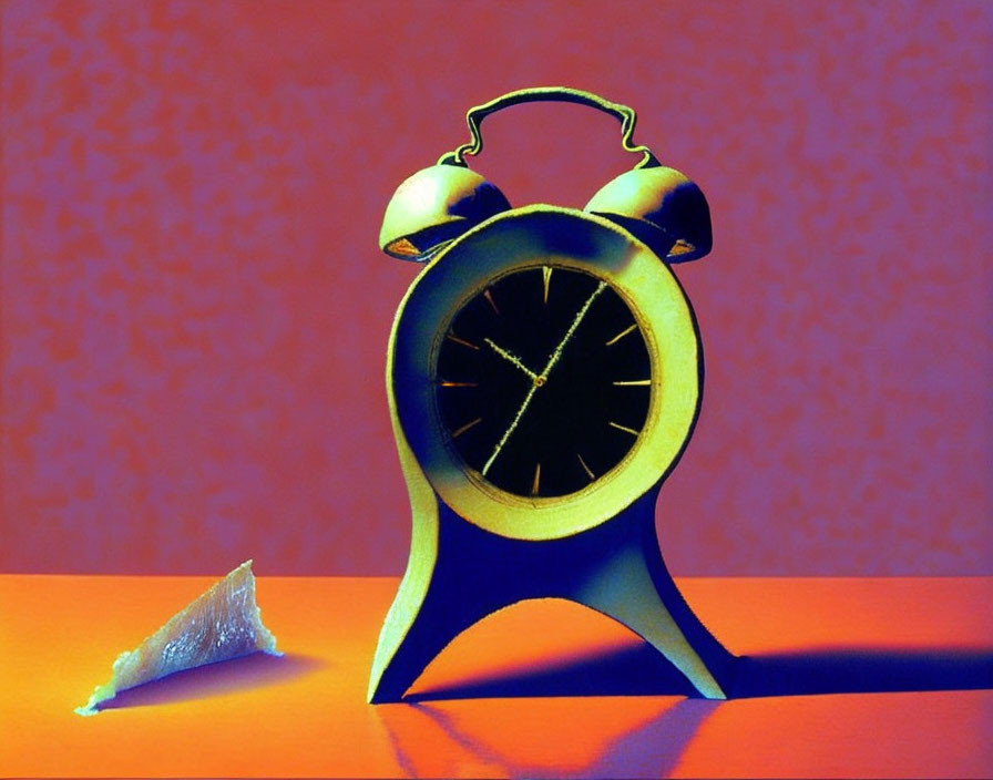 Surreal melted clock with distorted face on orange and purple background