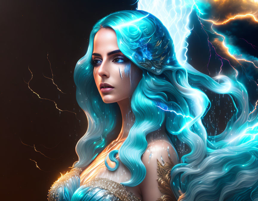 Digital artwork featuring woman with blue hair and ethereal armor electrified by dynamic lighting.