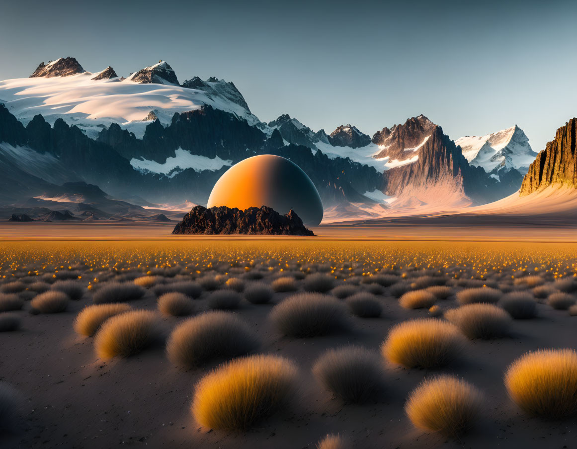 Surreal landscape: glowing orb, snowy mountains, tufted grasses