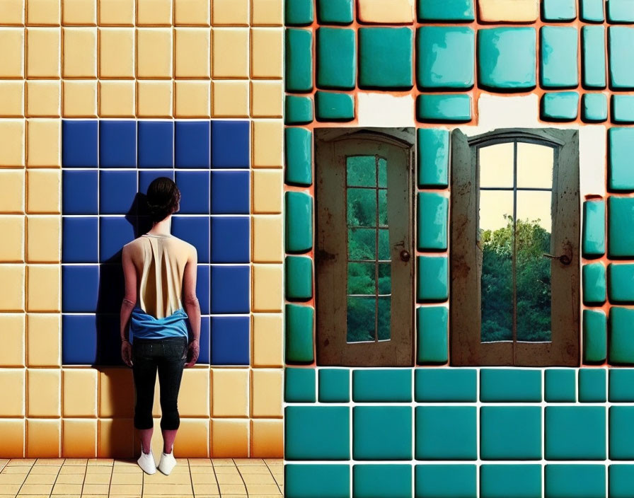 Person standing in front of vibrant tiled wall and window with green landscape view