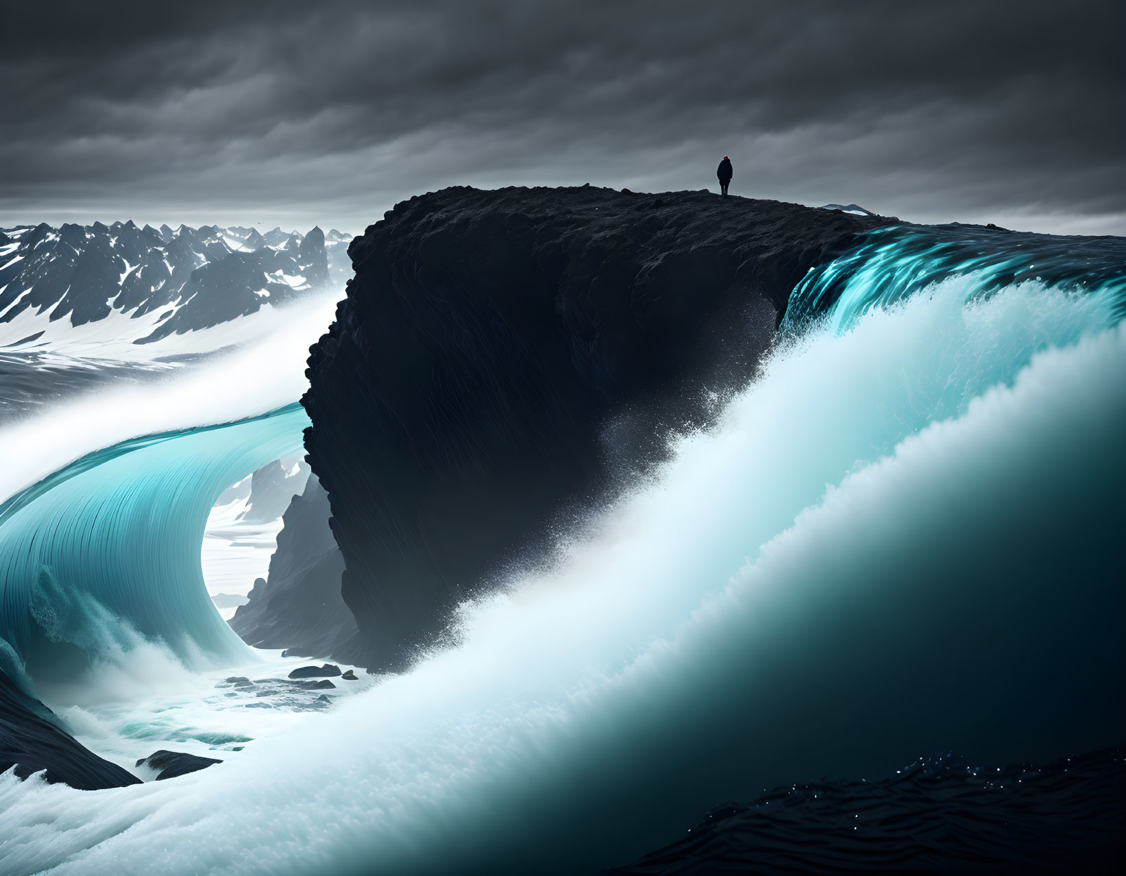 Solitary Figure on Cliff Overlooking Surreal Wave and Mountains