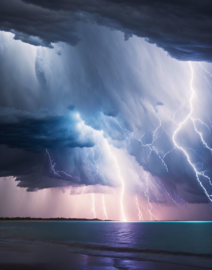 Thunderstorm with Lightning Strikes Over Ocean Beach