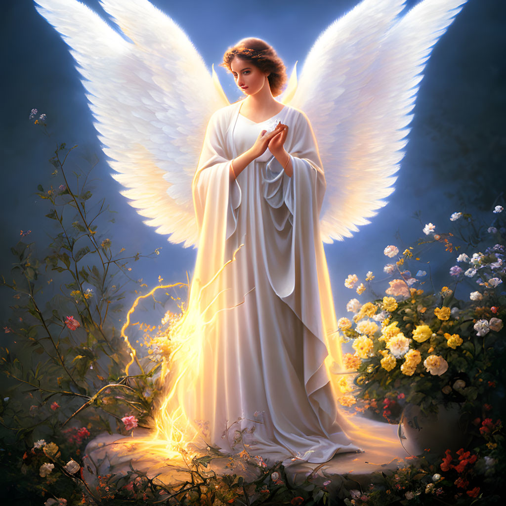 Radiant angel with glowing wings in a flower-filled scene