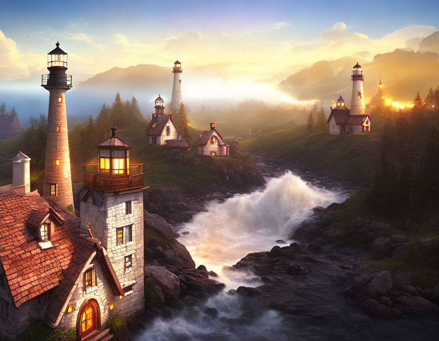 Multiple lighthouses overlooking rocky stream at sunset with warm glowing lights amidst misty hills