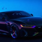 Sleek sports car with neon underglow on dark blue background