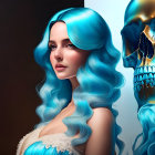 Digital artwork featuring woman with blue hair and ethereal armor electrified by dynamic lighting.