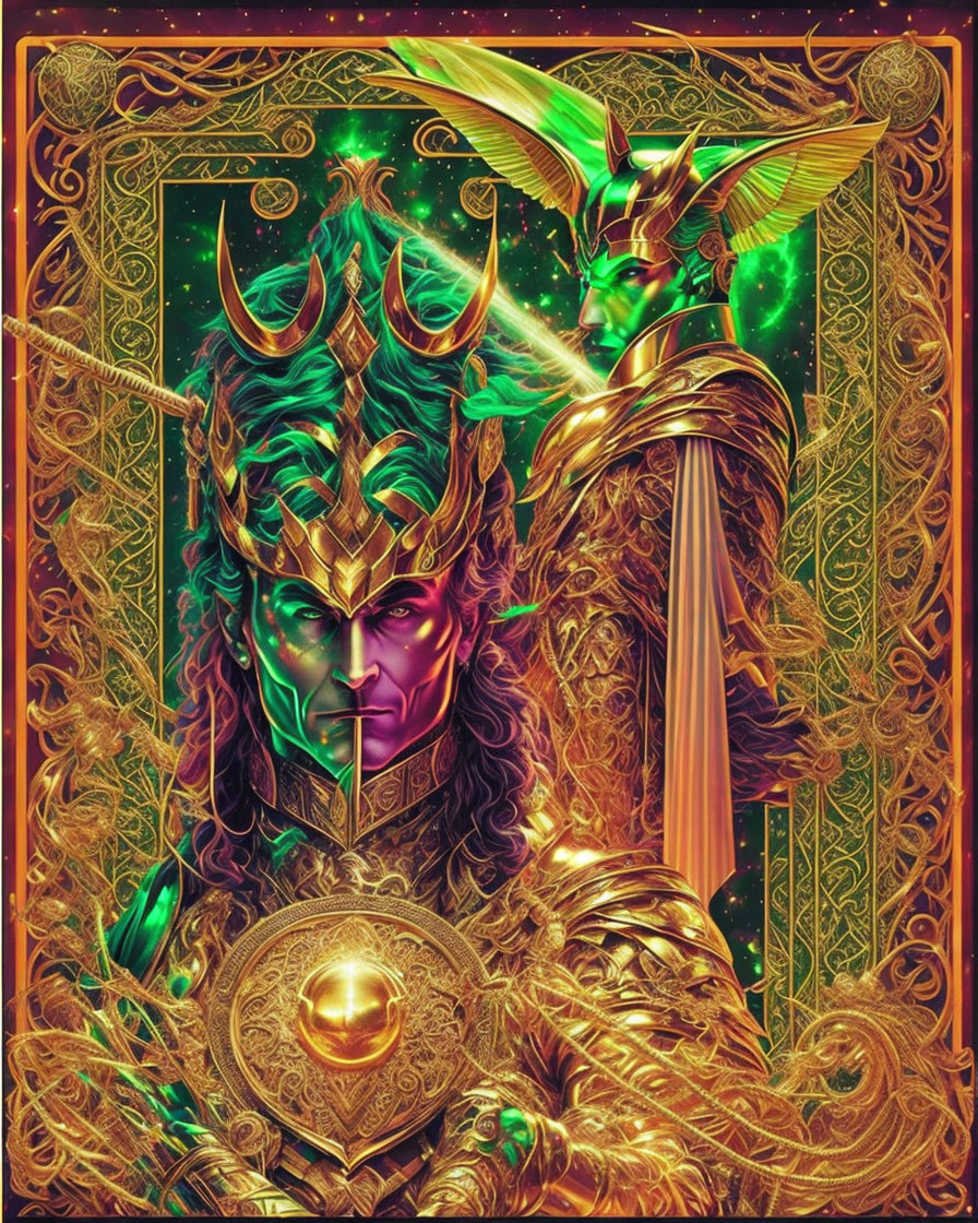 Regal figure in horned helmet with dragon in vibrant fantasy artwork