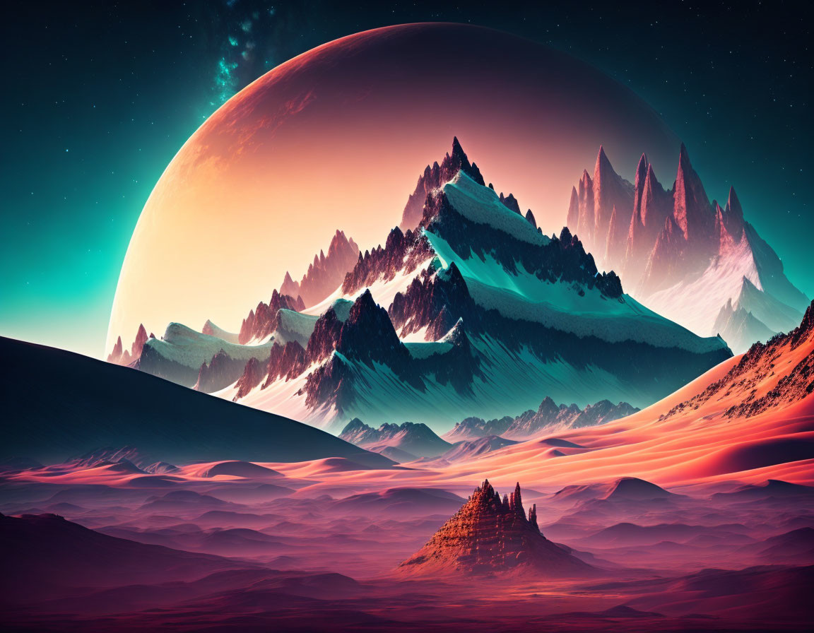 Sci-fi landscape with towering mountains, large moon, red and pink sea