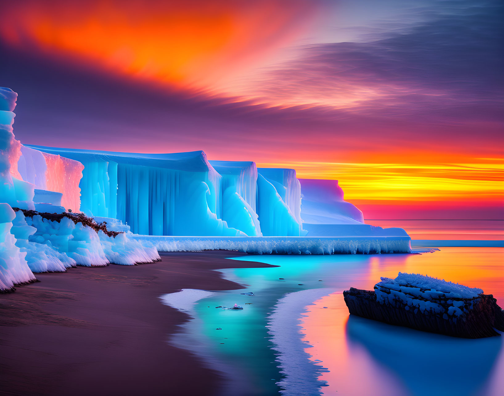 Scenic sunset with fiery clouds, icy cliffs, and tranquil beach