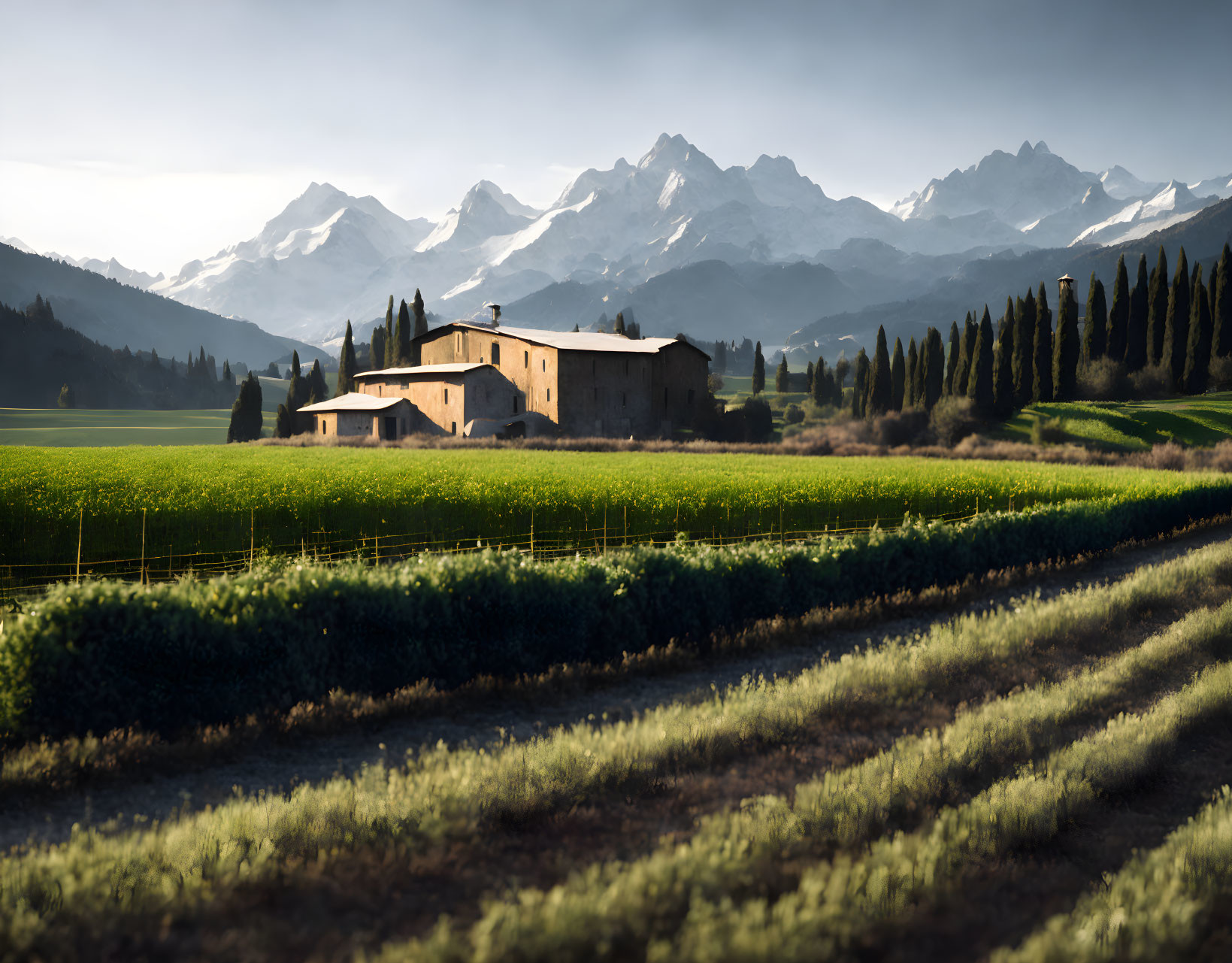 Serene rural landscape with house, fields, shrubs, and mountains