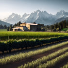 Serene rural landscape with house, fields, shrubs, and mountains