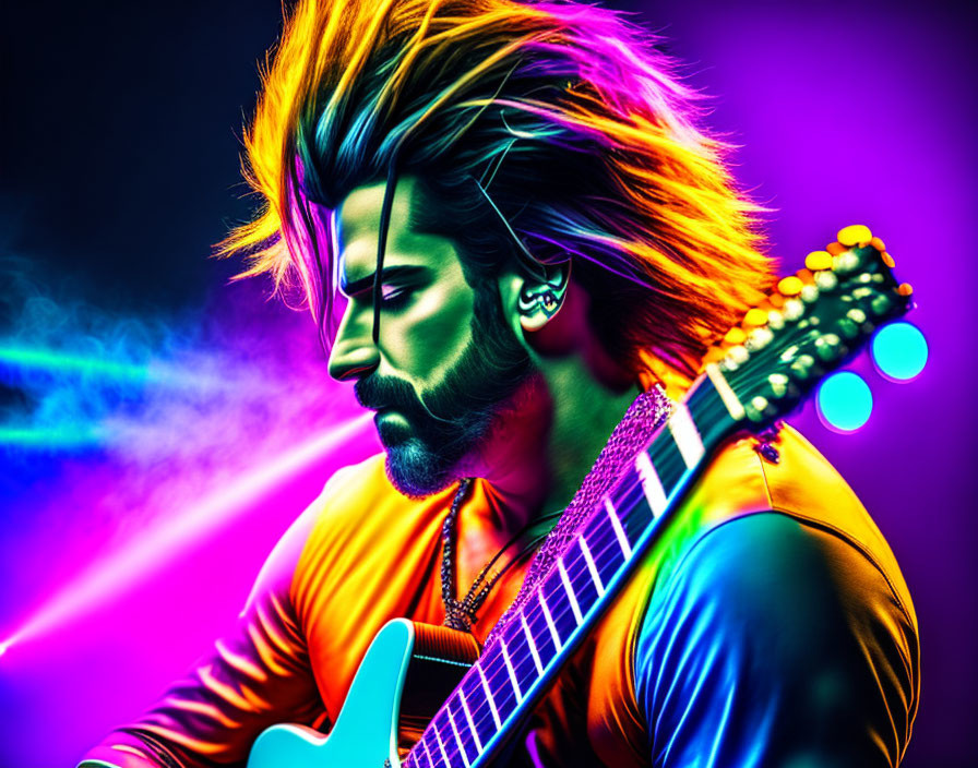 Colorful male guitarist illustration on neon background