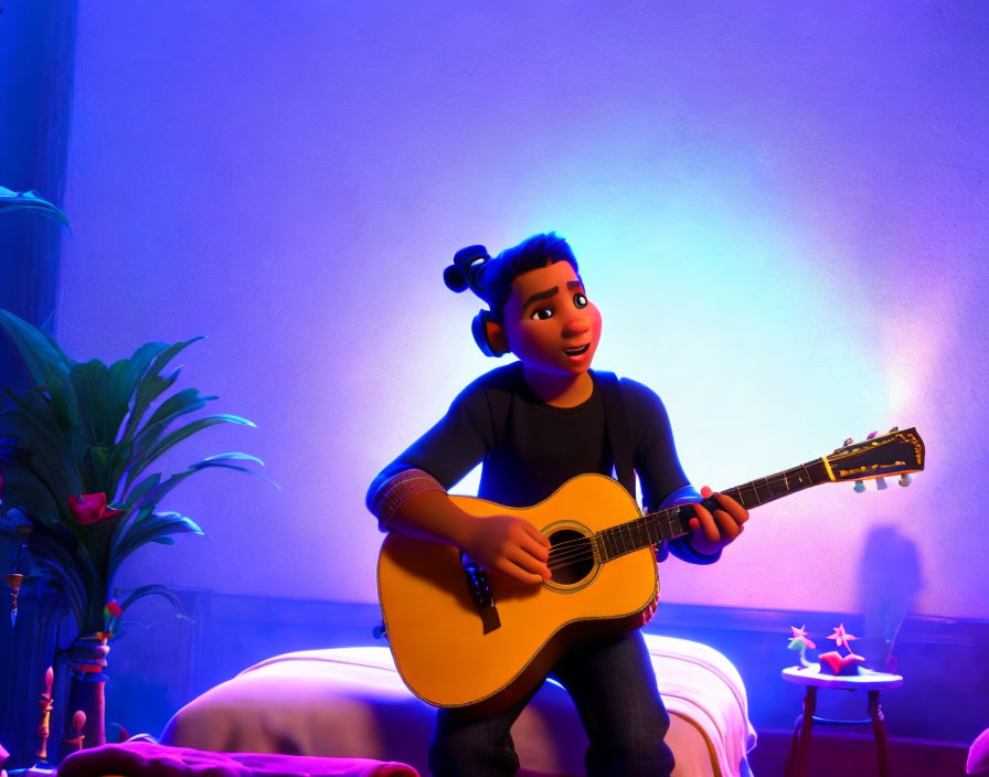 Animated character playing guitar in vibrant purple and blue lit room