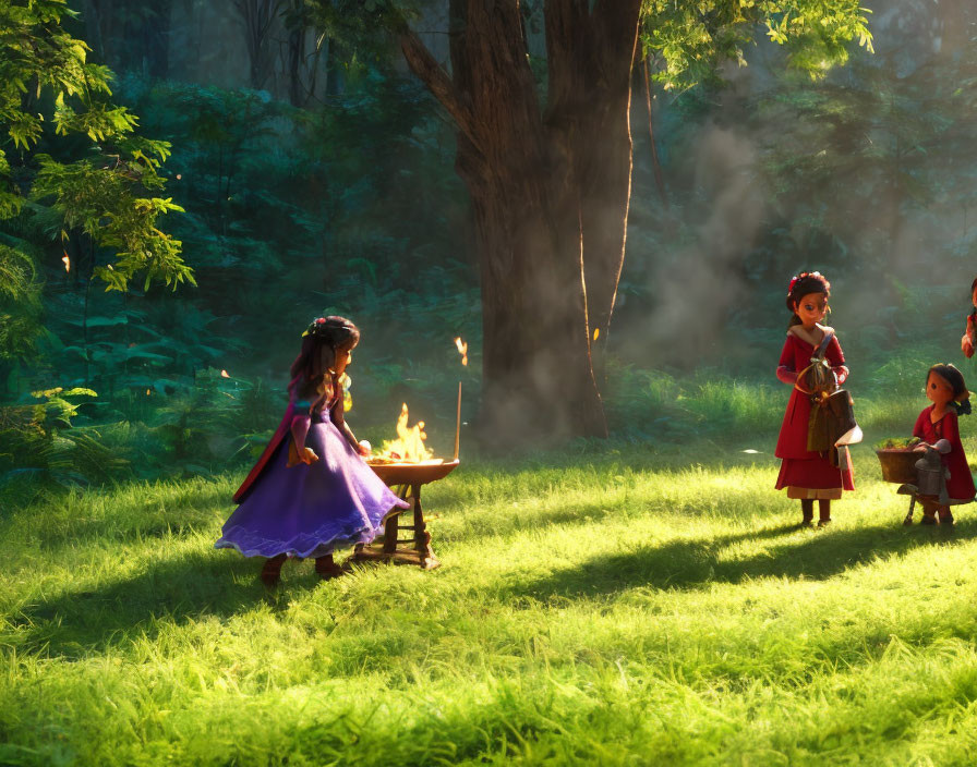 Two girls in forest clearing with brazier and basket