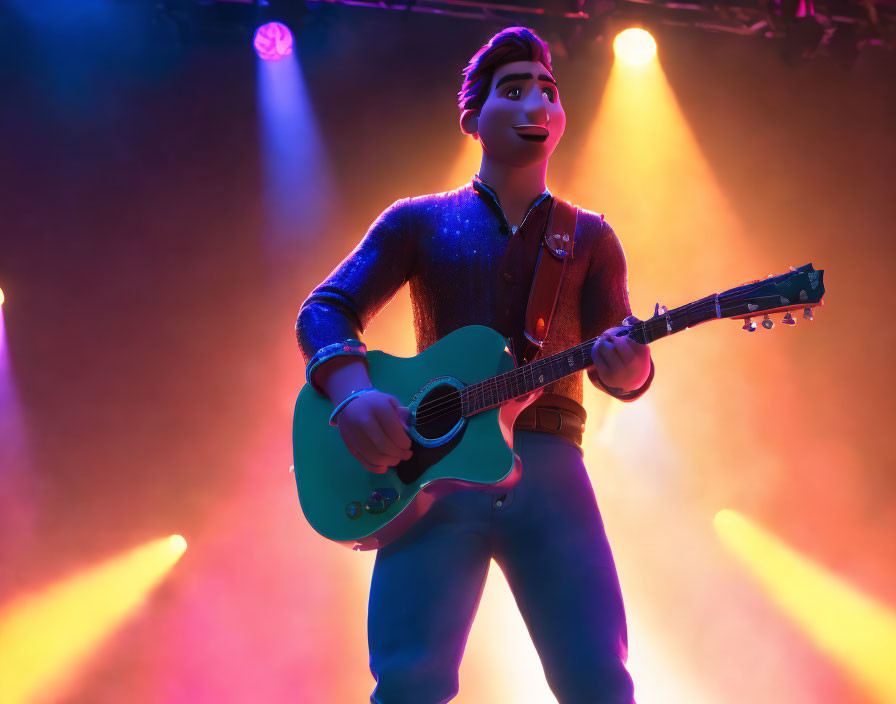 Animated character playing guitar on stage in purple lighting