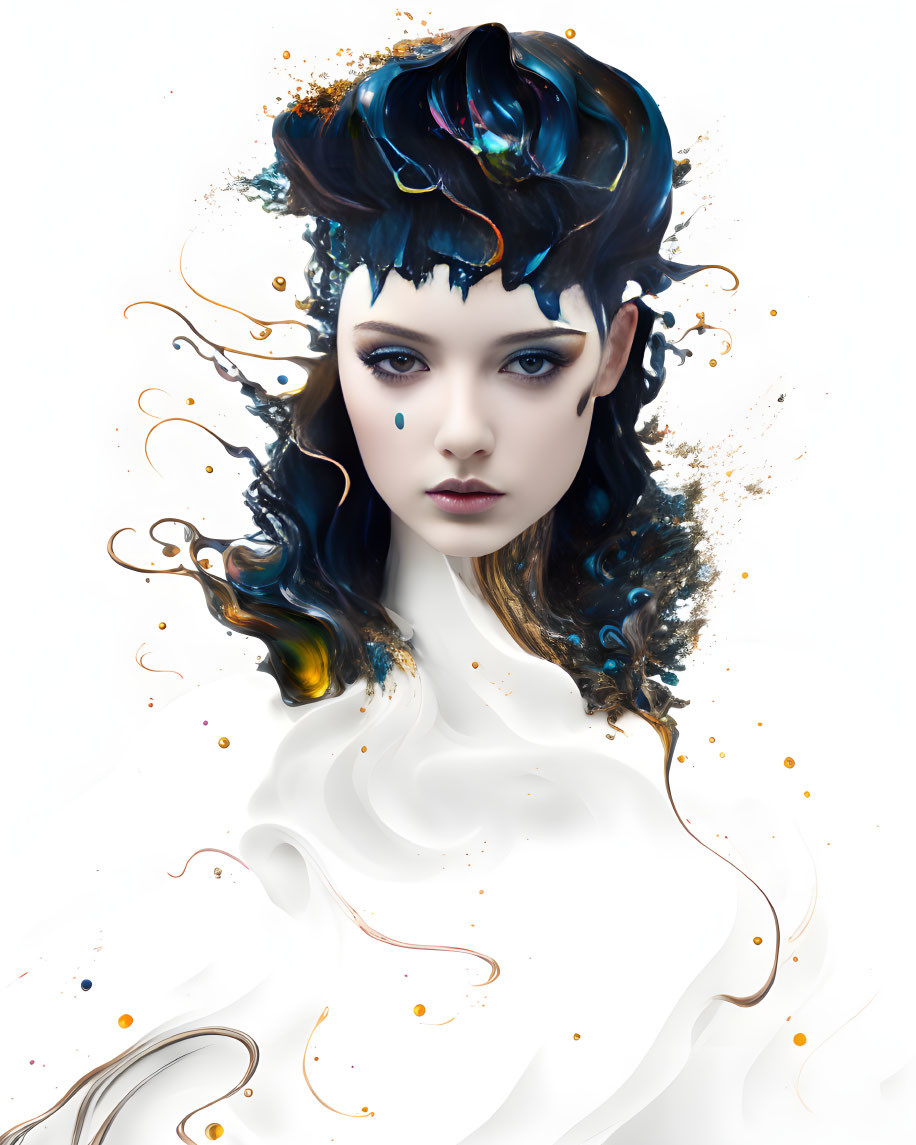 Digital Artwork: Woman with Blue Eyes and Elaborate Hairstyle in Colorful Liquid Swirl