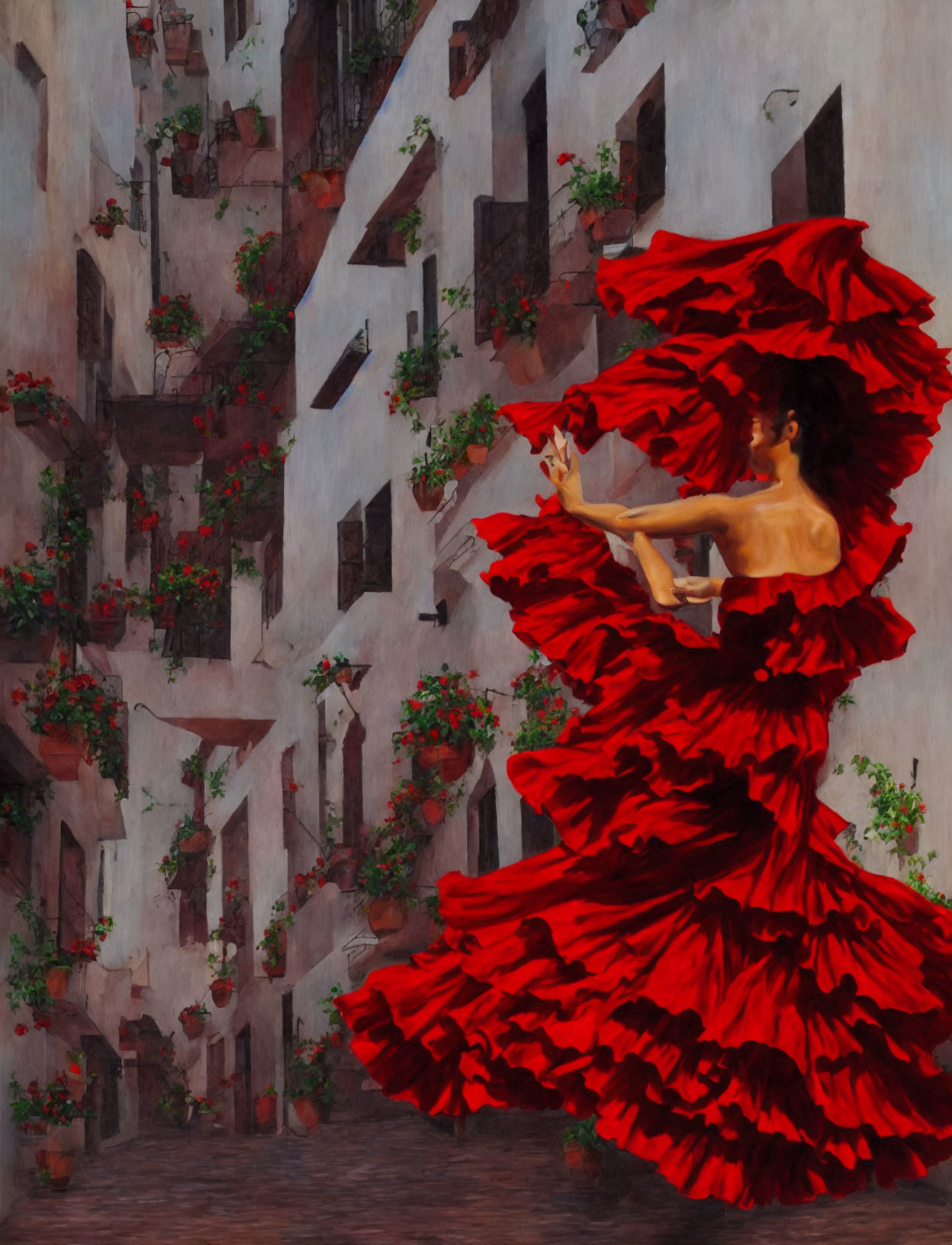 Vibrant red flamenco dress dancer in quaint alley with geranium-filled balconies