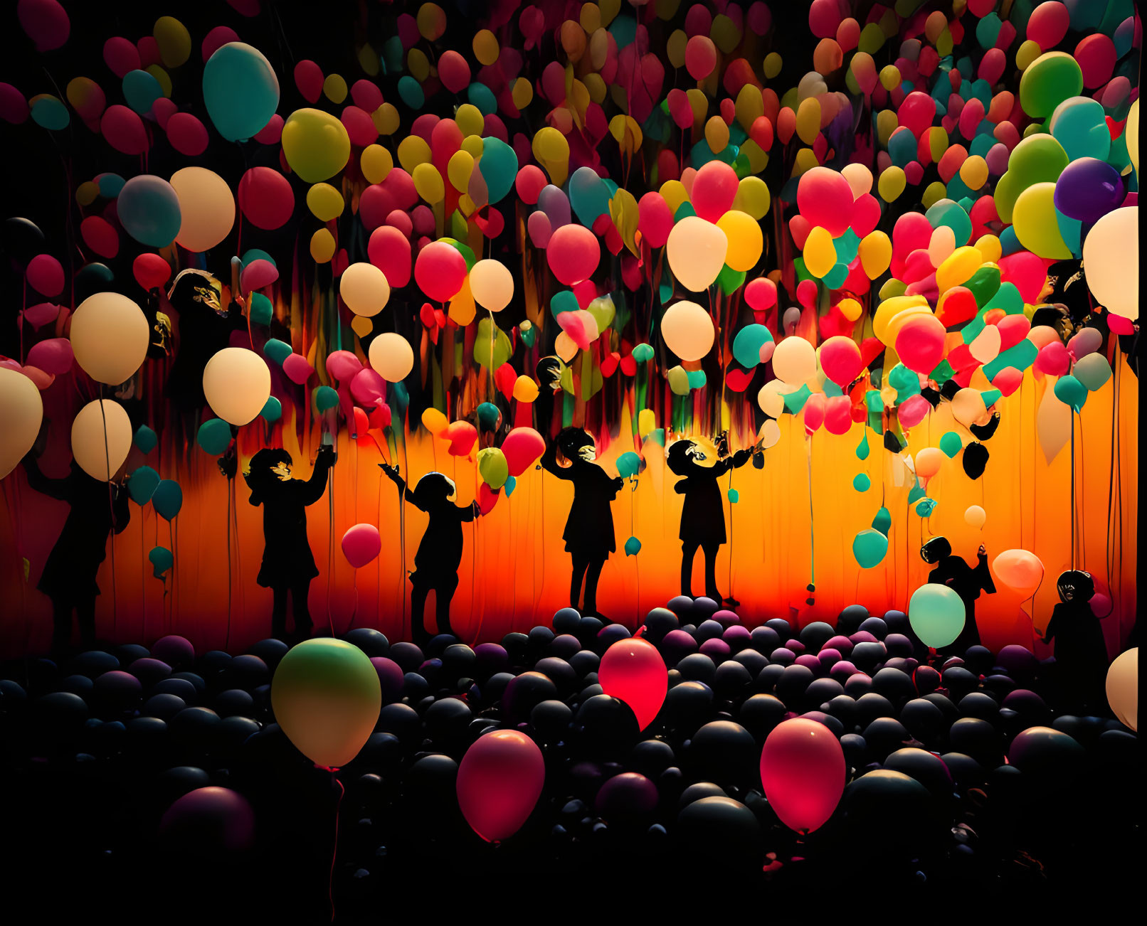 Colorful Balloons Silhouetted Against Vibrant Background