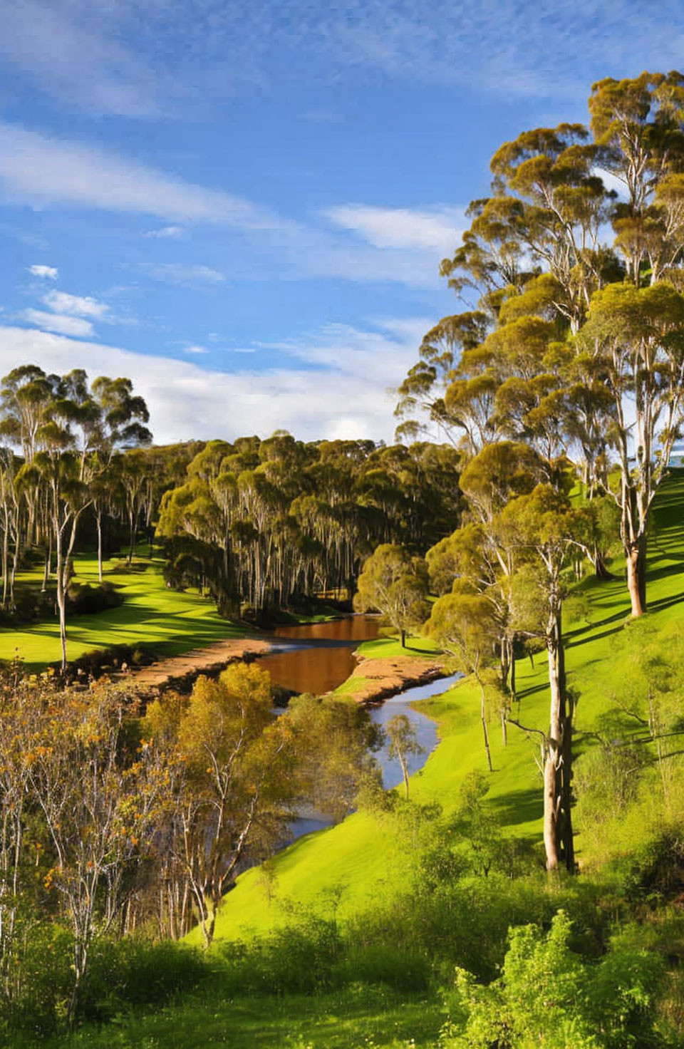 Tranquil landscape with eucalyptus trees, pond, and grassy hills