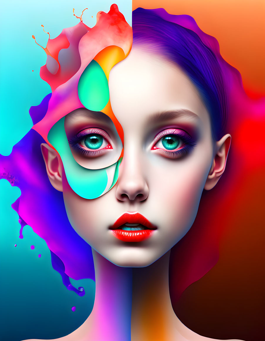 Colorful digital artwork: Woman's face in normal and abstract half with flowing rainbow shapes