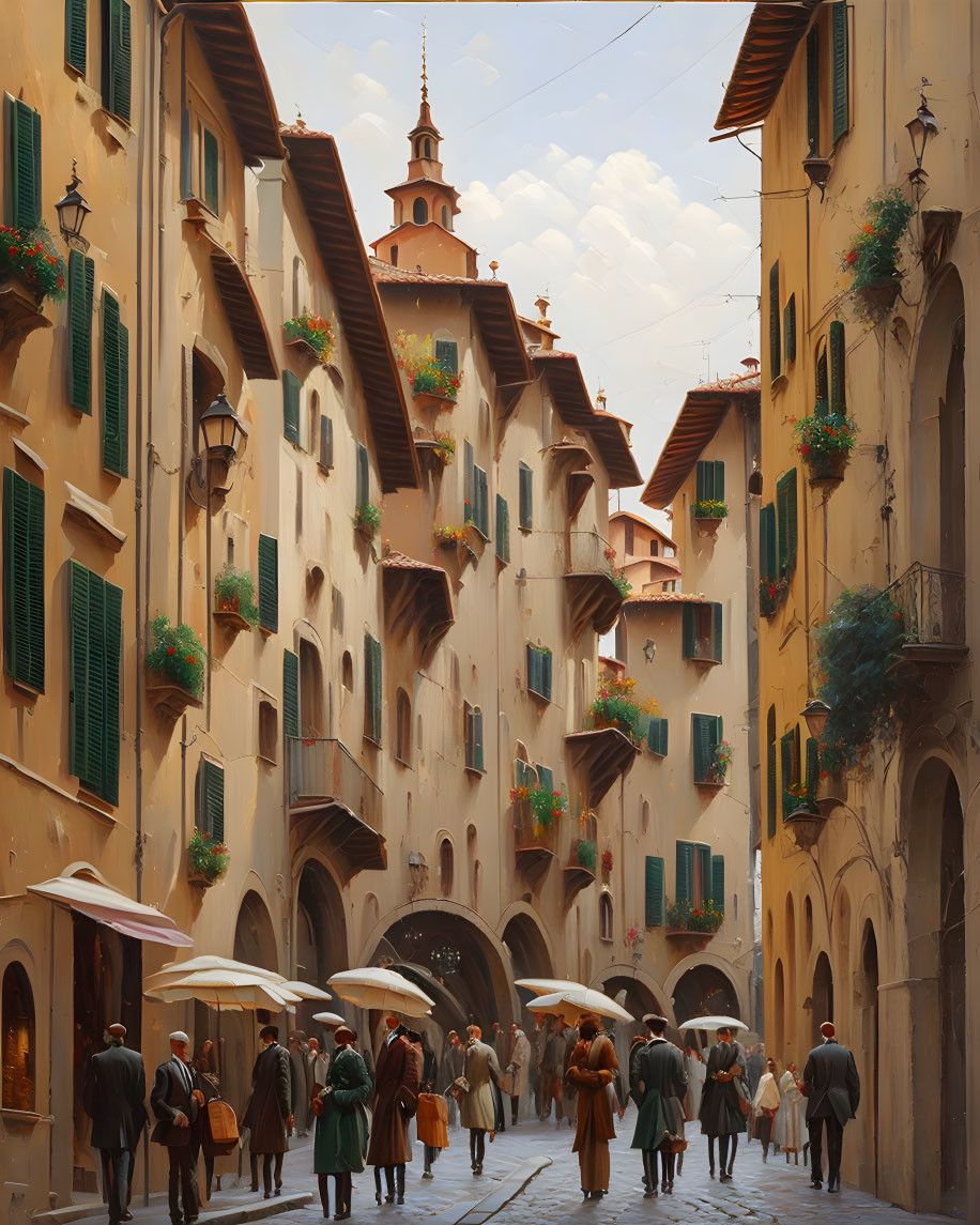 European Street Scene with People and Umbrellas in Soft Light