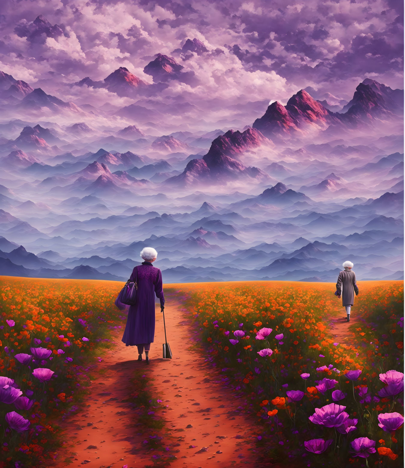 Elderly couple walking through vibrant flower field to purple mountains