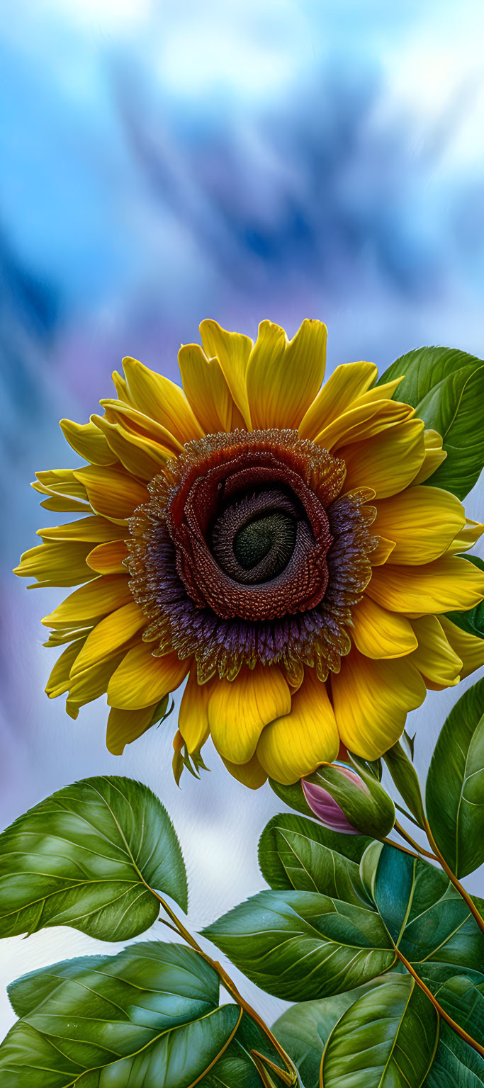 Bright Sunflower with Green Leaves on Blue and White Background